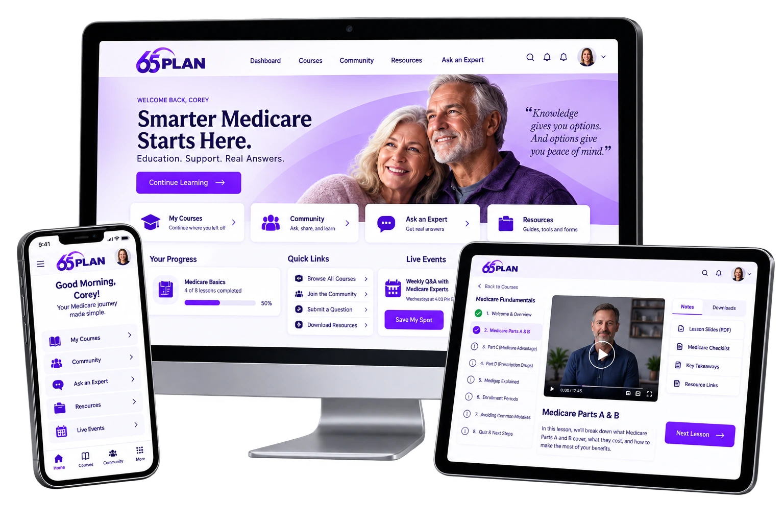 65Plan.org member dashboard shown on desktop, tablet and phone
