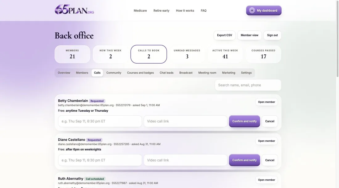 Admin calls tab listing free strategy call requests to book