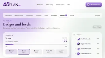 Badges and levels page with points, a real leaderboard and earned badges