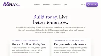 65Plan.org home page with two calculator entry cards and the advisor team