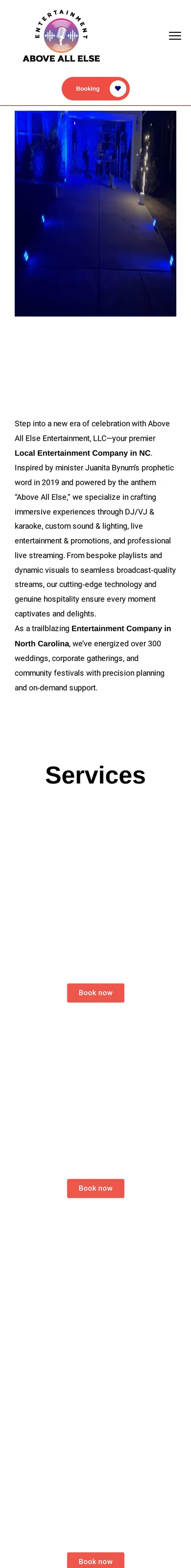 Original Above All Else Entertainment homepage captured on an iPhone-size viewport