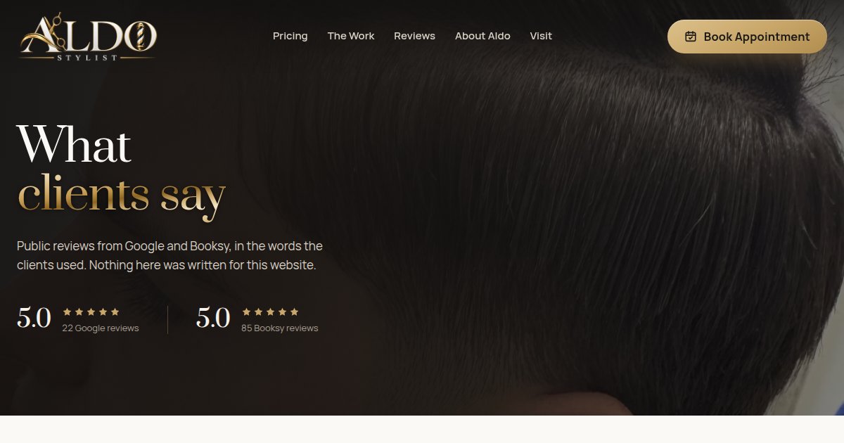 Aldostylist client reviews page, live