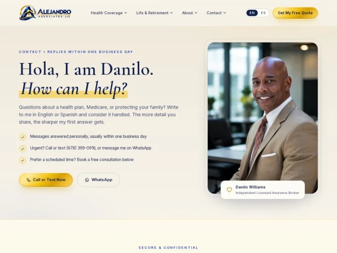 Contact page of the redesigned Alejandro Associates site