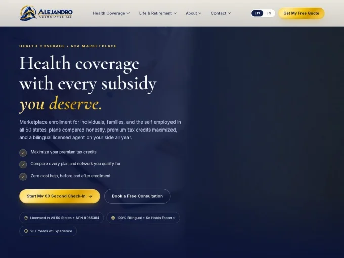 ACA health insurance page of the redesigned Alejandro Associates site