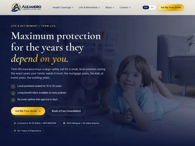 Term life insurance page of the redesigned Alejandro Associates site