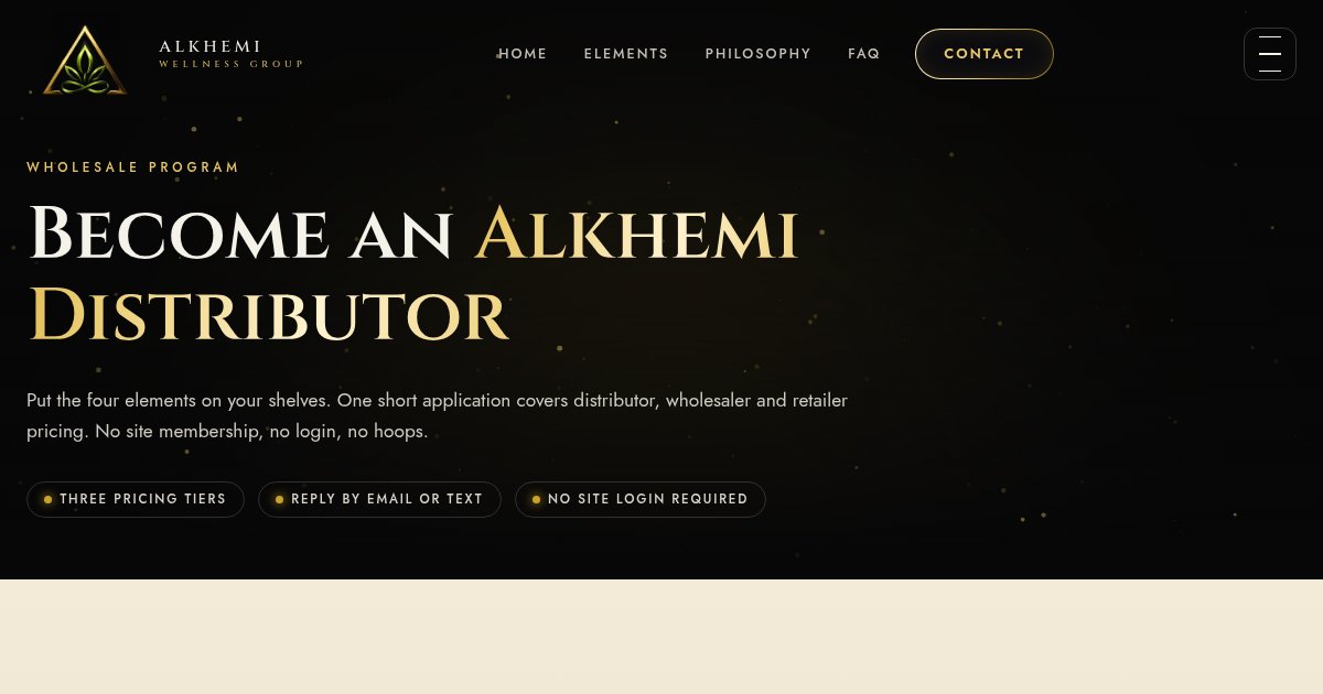 Alkhemi wholesale distributor application page, live