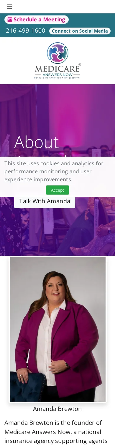 Amanda Brewton's old bio page captured on an iPhone-size viewport