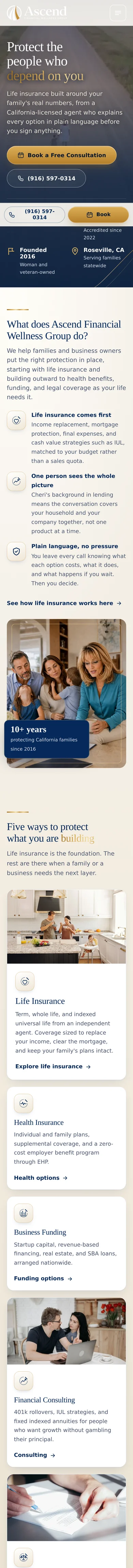 Same-day capture of the redesigned Ascend Financial Wellness Group homepage at iPhone size