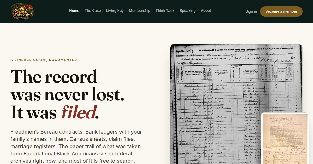 Live homepage of the Black Ancestry & Reparations site