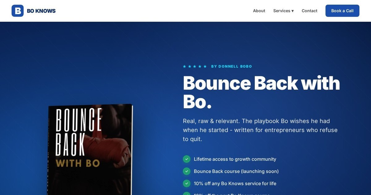 Bounce Back with Bo book page of the redesigned Bo Knows Business site