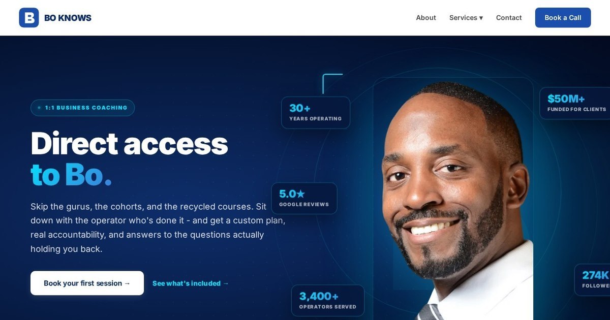 1:1 Coaching page of the redesigned Bo Knows Business site