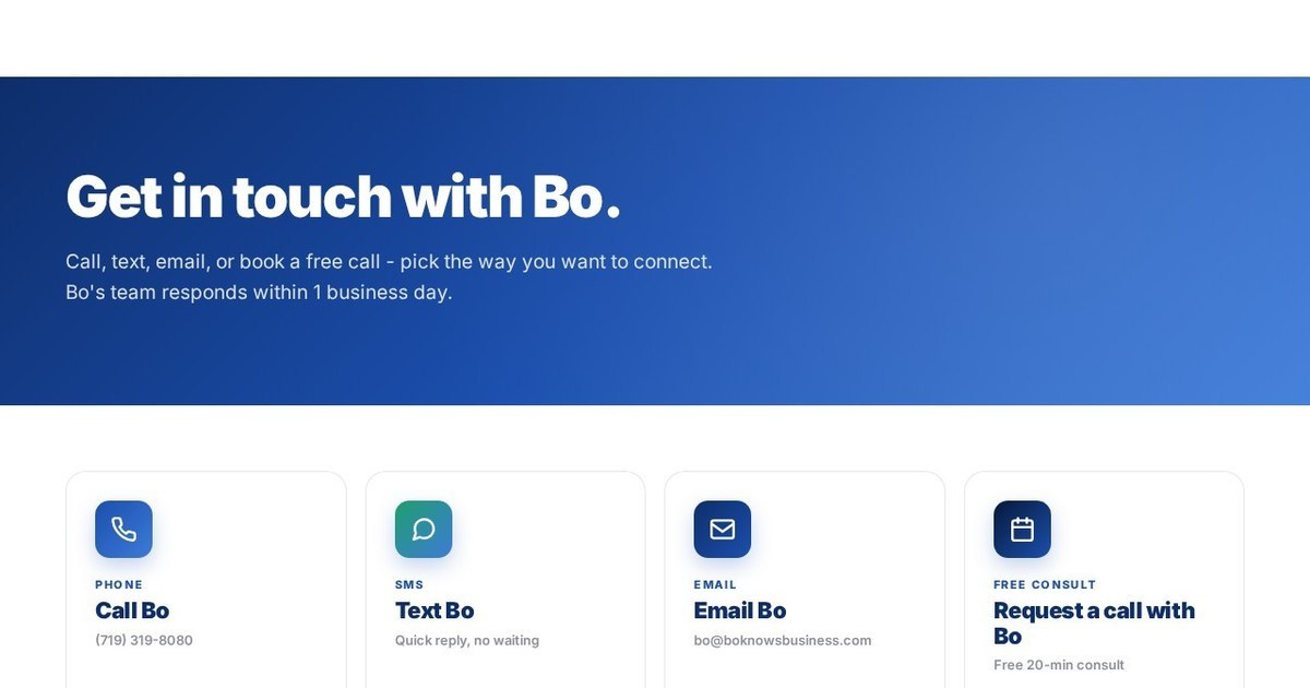 Contact page of the redesigned Bo Knows Business site