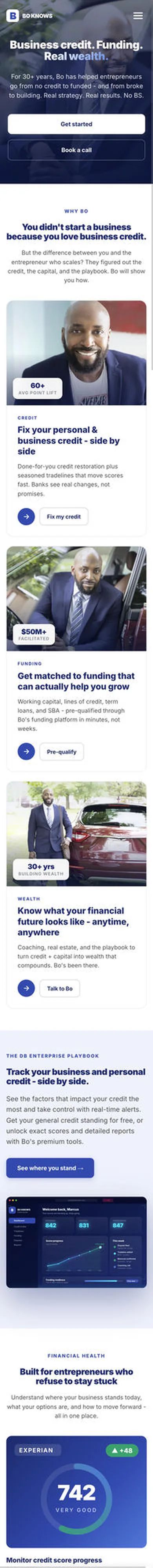 Same-day capture of the live Bo Knows Business homepage at iPhone size