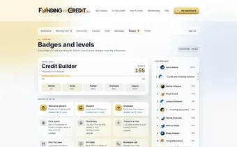 Badges and levels page with points, a leaderboard and earned badges