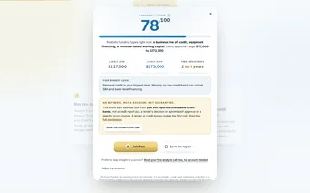 Calculator result page showing a Fundability Score and next steps