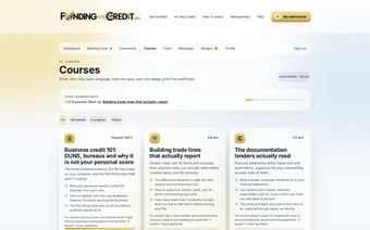 Catalog of member courses including Business credit 101 and Building trade lines that actually report
