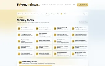 Catalog of 20 member money tools including Fundability Score, SBA Eligibility Screener and Credit Repair Letter Generator
