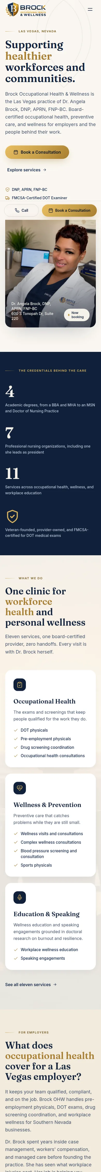 Same-day capture of the live Brock Occupational Health and Wellness homepage at iPhone size