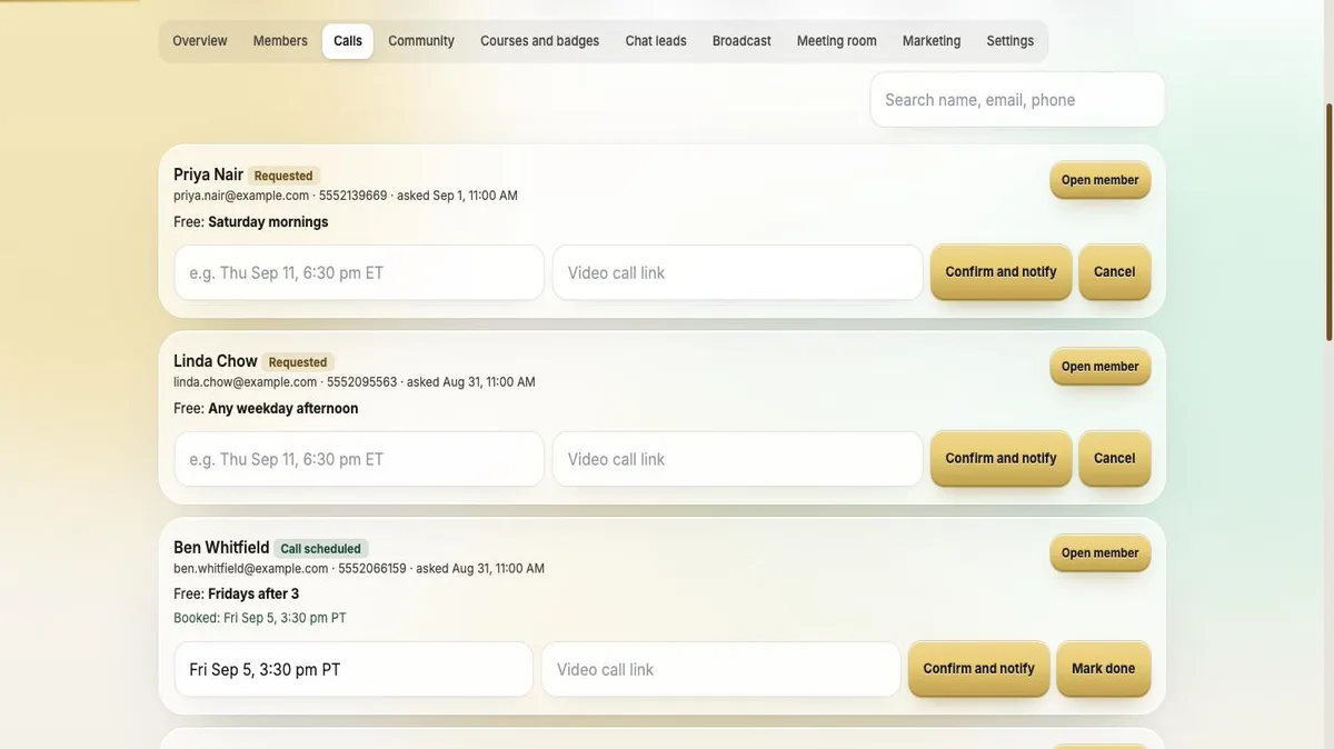Admin calls tab listing real call requests waiting to be confirmed