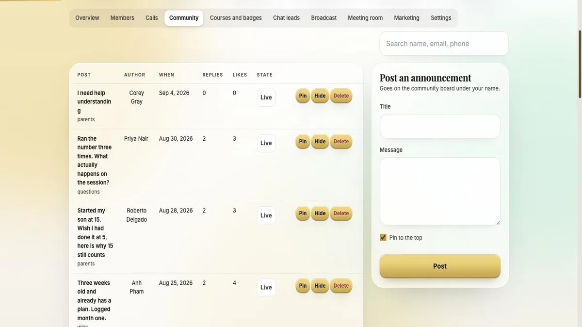 Admin community moderation table with real posts, replies and likes