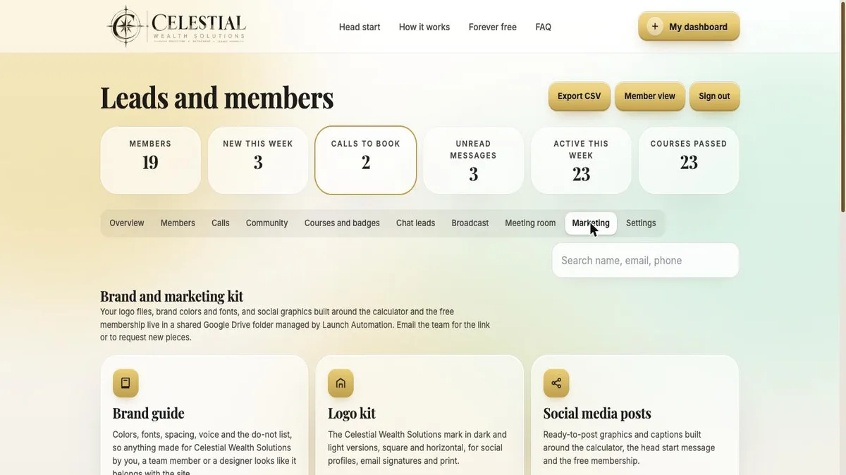 Admin marketing tab with a brand guide, logo kit and social media posts