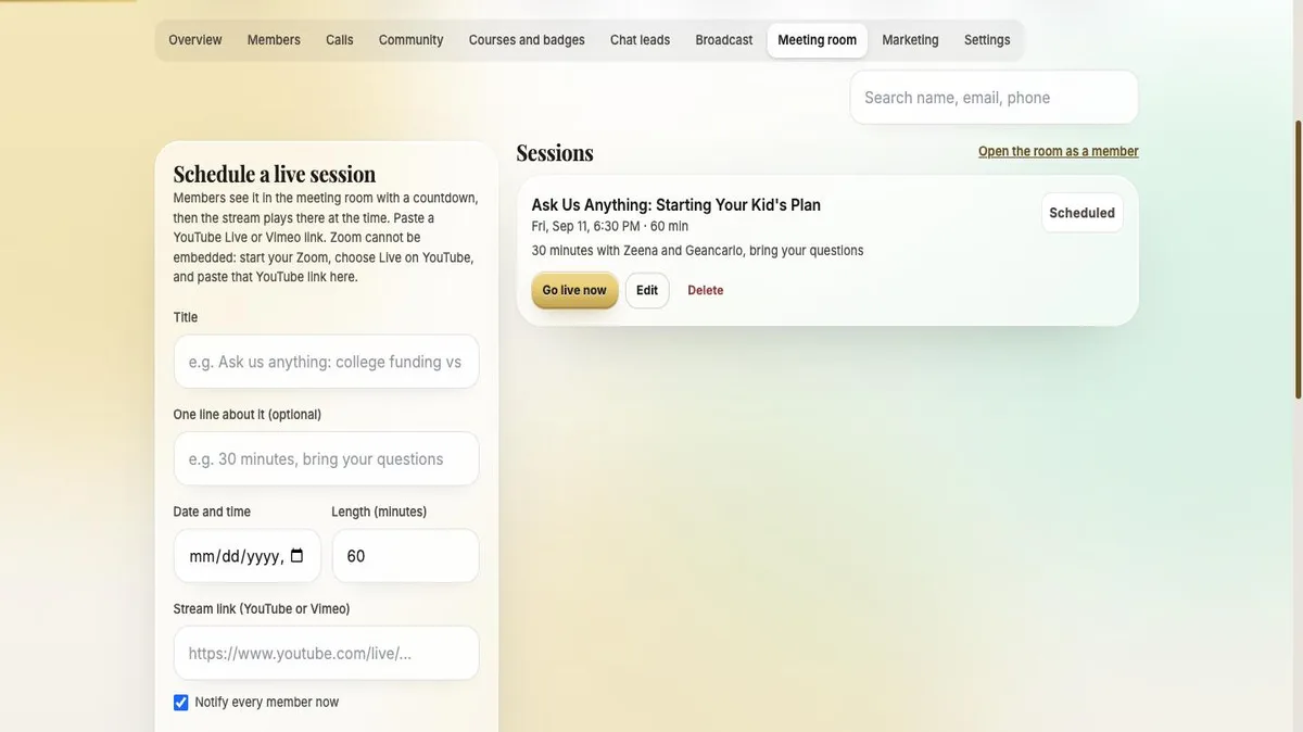 Admin meeting room tab for scheduling a live group session
