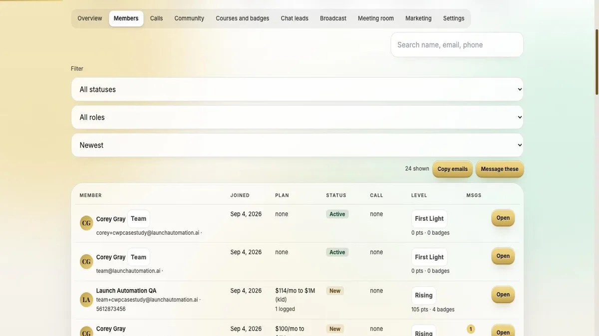 Admin members table with plan, status, points and badges for every member