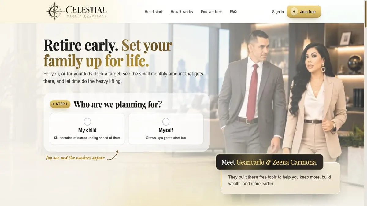 Celestial Wealth Solutions home page with the goal calculator entry point