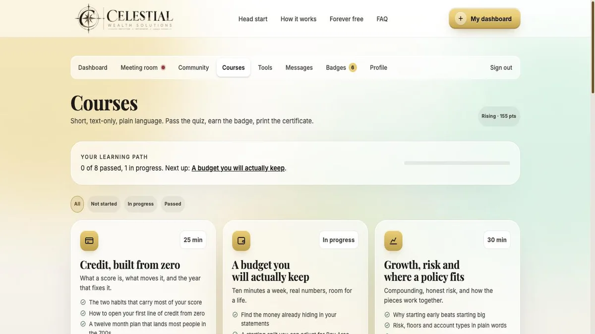 Catalog of 8 member courses with lesson counts and progress