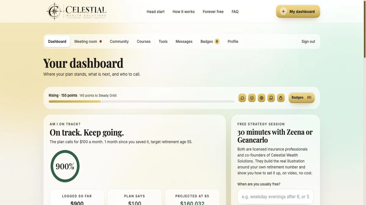 Member dashboard showing points, level progress and the free strategy session offer