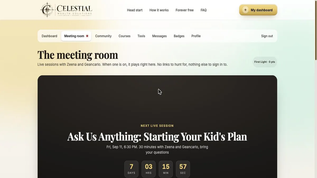 Member meeting room with a live countdown to the next scheduled group session