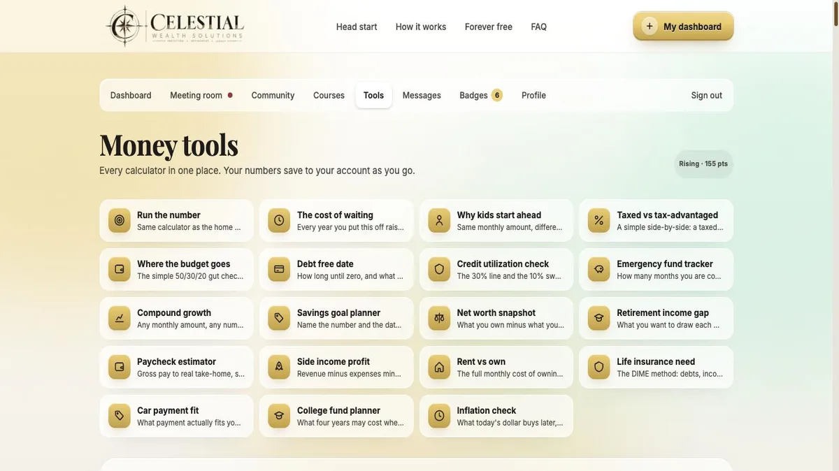Grid of 19 member money tools and calculators