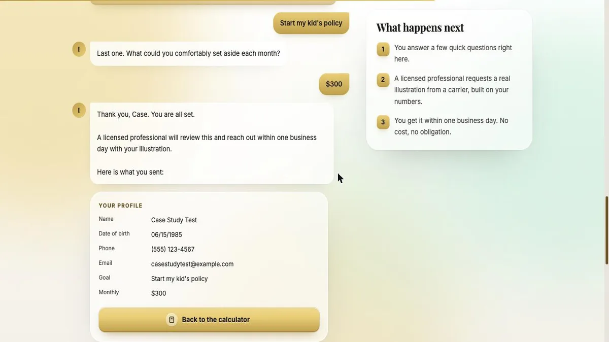 Final profile summary screen at the end of the conversational intake