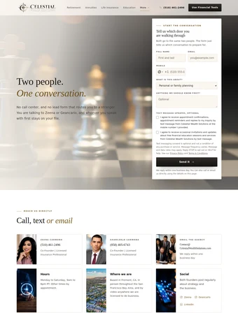 Contact page of the redesigned Celestial Wealth Solutions site