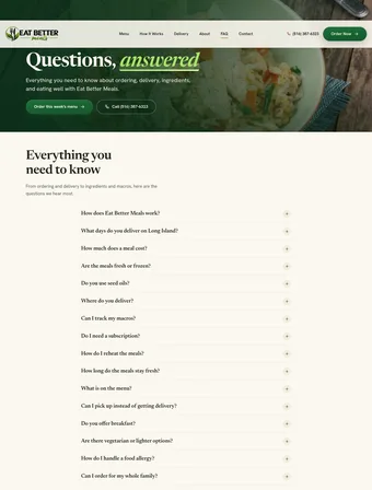 FAQ page of the redesigned Eat Better Meals site
