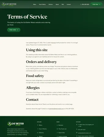 Terms of Service page of the redesigned Eat Better Meals site