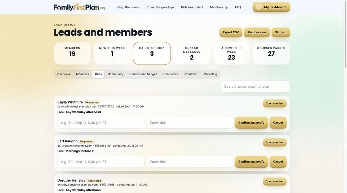Admin calls tab listing call requests to book