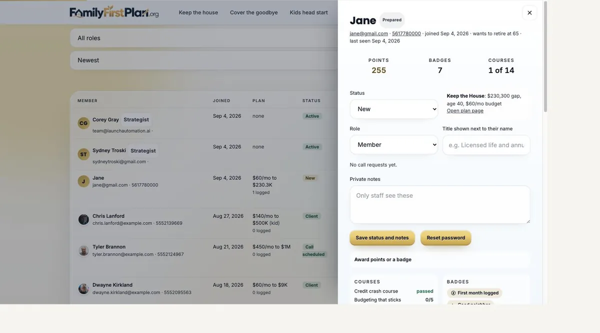 Individual member detail drawer with calculator results, points, badges, status and private notes