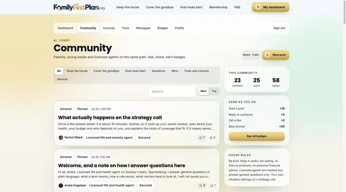Member community forum with posts and replies