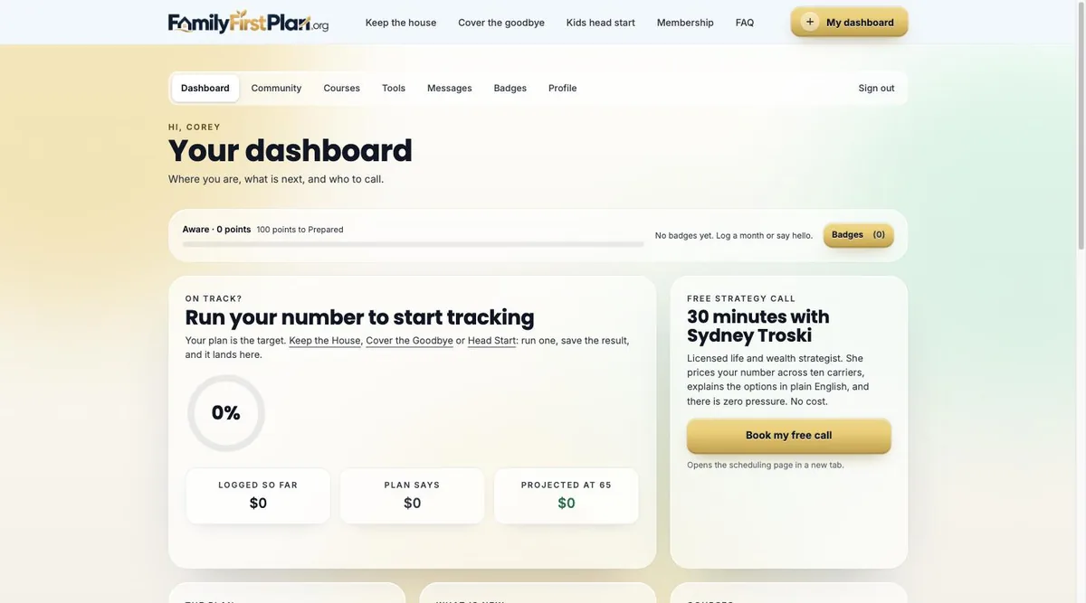 Member dashboard showing plan overview and next steps