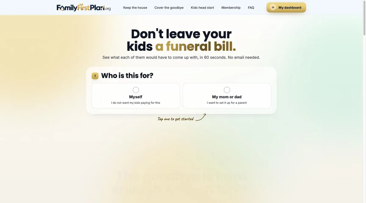 Cover the Goodbye final expense calculator, step one