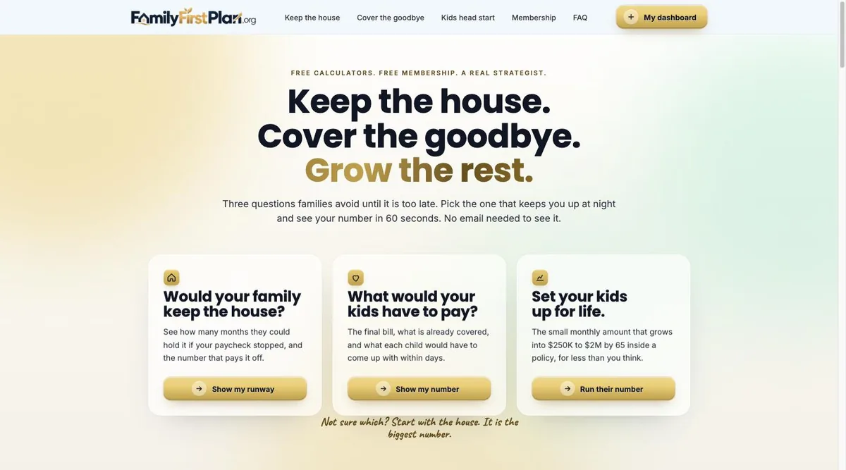 FamilyFirstPlan.org home page with three calculator entry cards