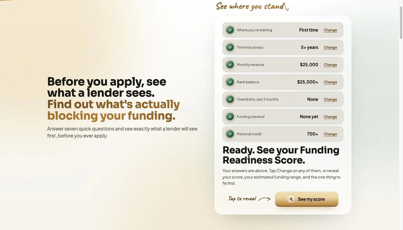 The seven-question Funding Readiness wizard, ready to reveal a score