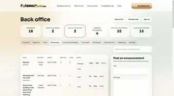 Admin community moderation tab with a compose panel to post an announcement