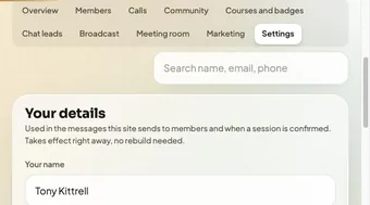 Admin settings tab showing owner-editable contact details