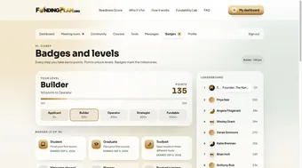 Badges and levels page with points, a real leaderboard and earned badges