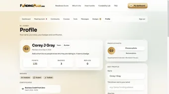 Member profile page showing level, points, badges earned and certifications