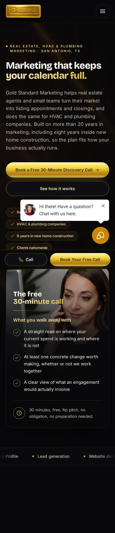 Gold Standard Marketing homepage, same-day capture at iPhone size