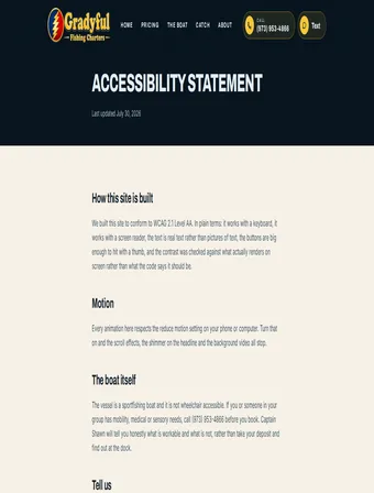 Accessibility Statement page of the redesigned Gradyful Fishing Charters site
