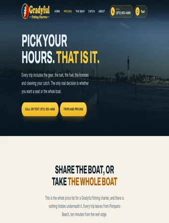 Trips and pricing page of the redesigned Gradyful Fishing Charters site